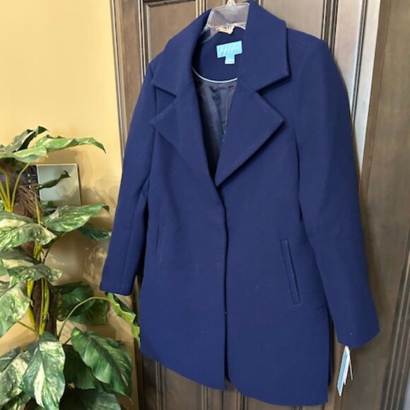 Draper James Dazzling Blue Water Resistant Long Sleeves Faux Wool Walker Coat - Picture 2 of 9